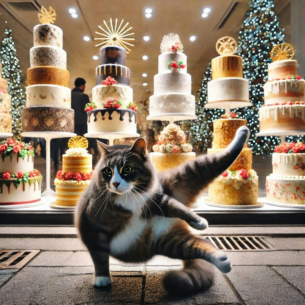 クリスマスケーキを売る猫