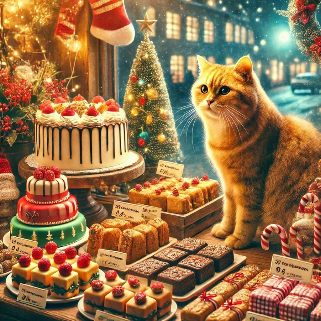 クリスマスケーキを売る猫