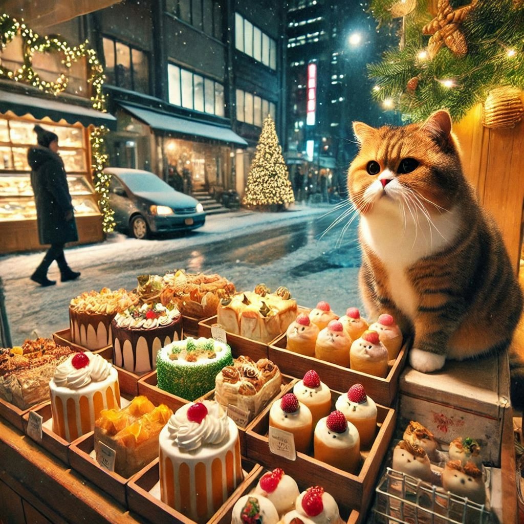 クリスマスケーキを売る猫