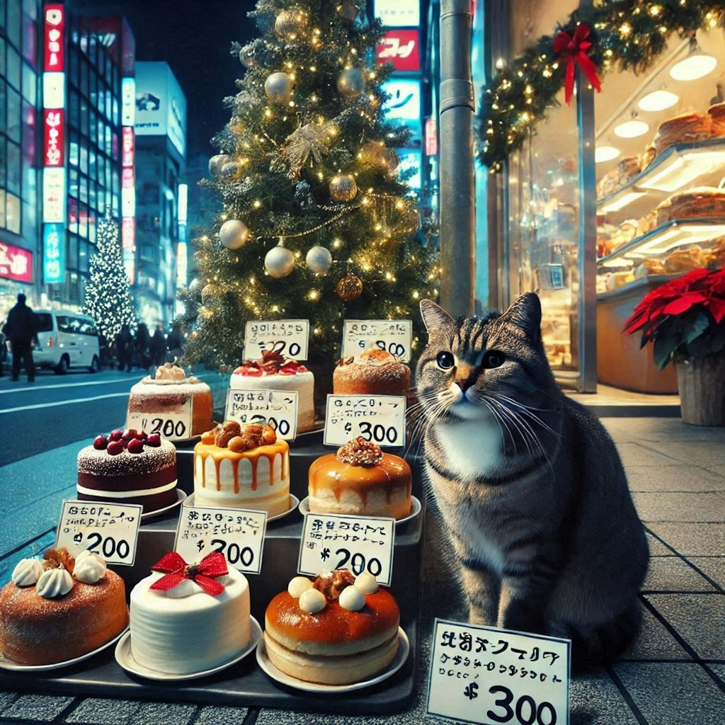 クリスマスケーキを売る猫