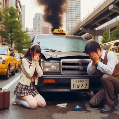 【謎画像】蹴られたタクシーが壊れて泣き崩れる女の子と運転手