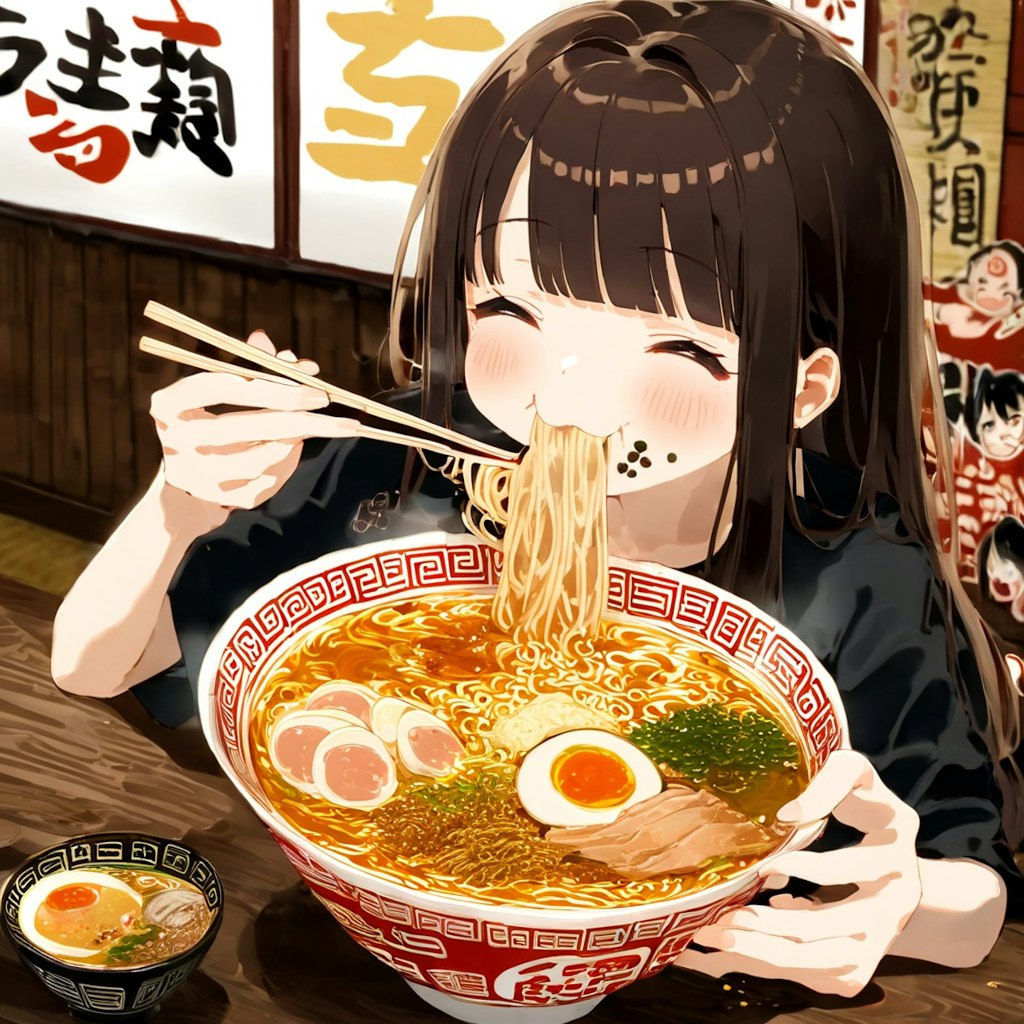 ラーメンを食べる少女