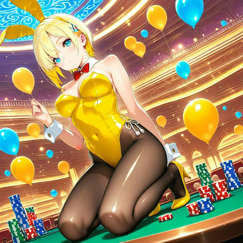 カジノいっぱいに風船を膨らませて遊ぶブロンドショートカットのバニーガール。