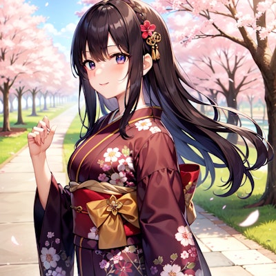 桜並木と着物