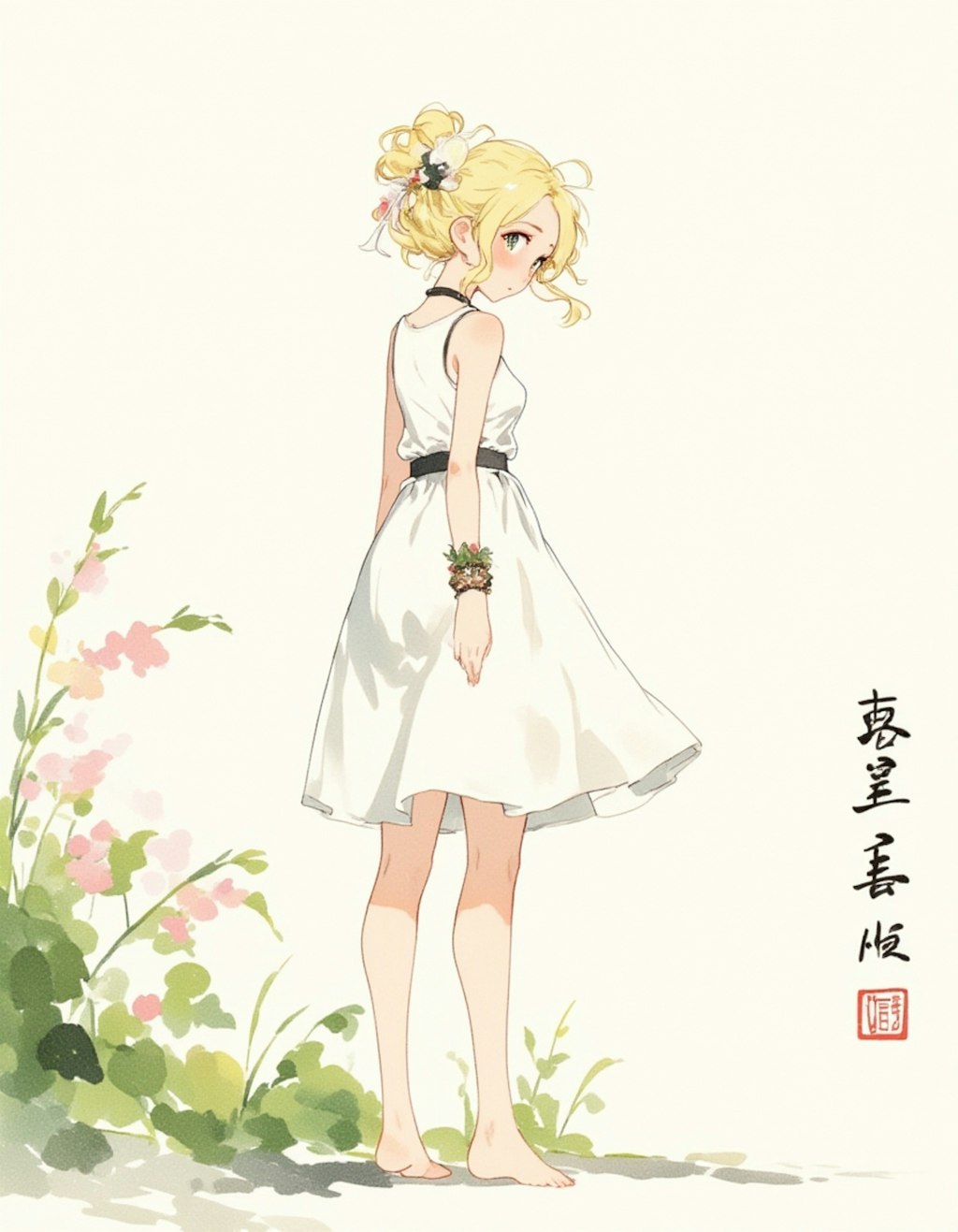 初夏の水墨画美少女：新緑の中で