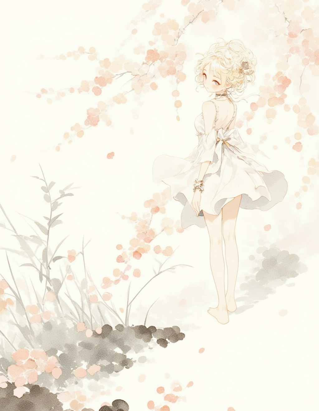 初夏の水墨画美少女：新緑の中で