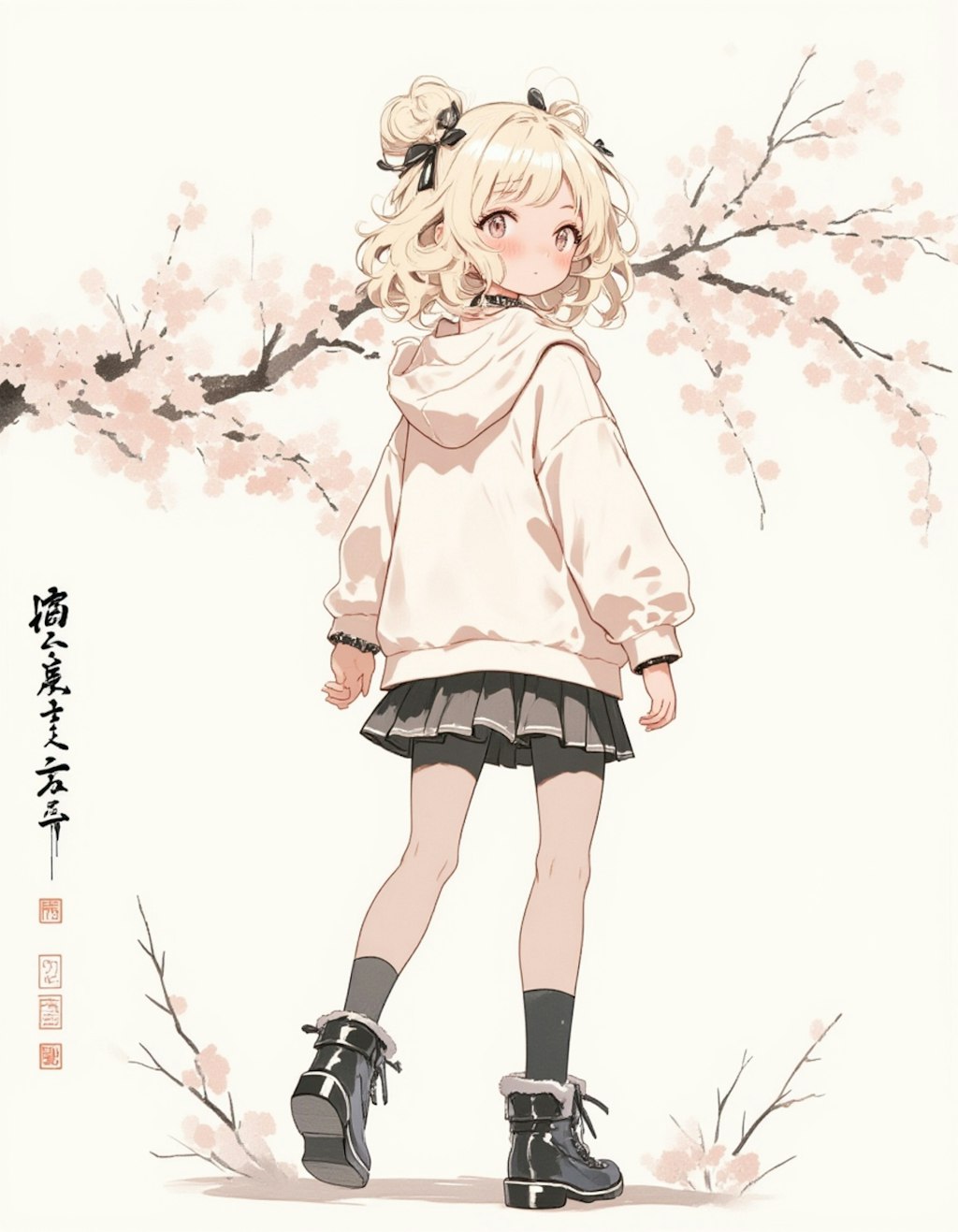 初夏の水墨画美少女：新緑の中で