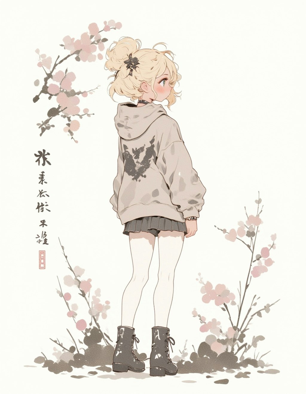 初夏の水墨画美少女：新緑の中で