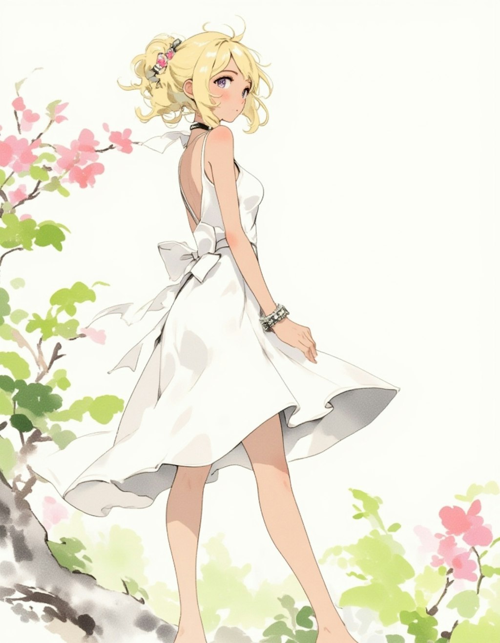 初夏の水墨画美少女：新緑の中で