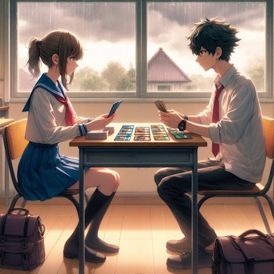 教室でカードゲームをする少年と少女