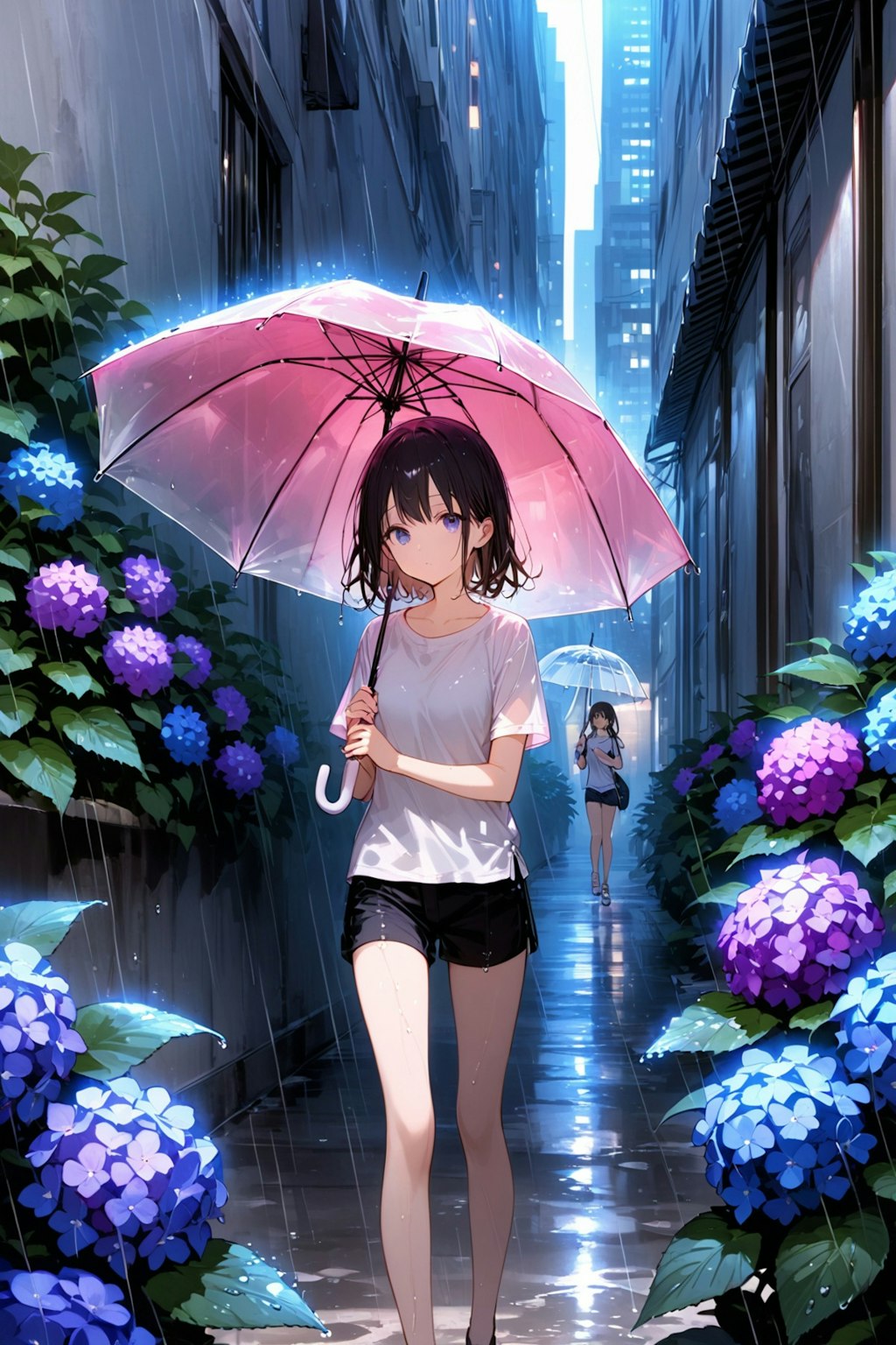 ビルの谷間の紫陽花