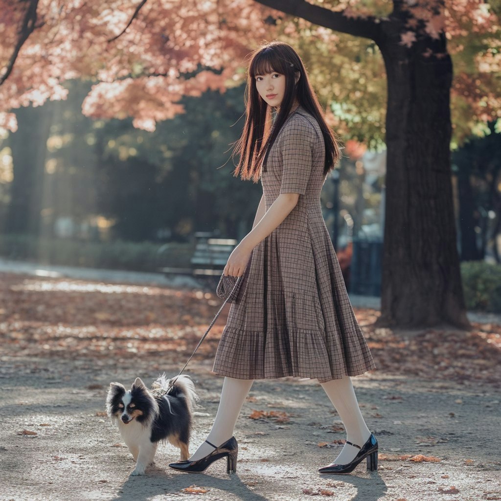 木漏れ日の公園で犬の散歩