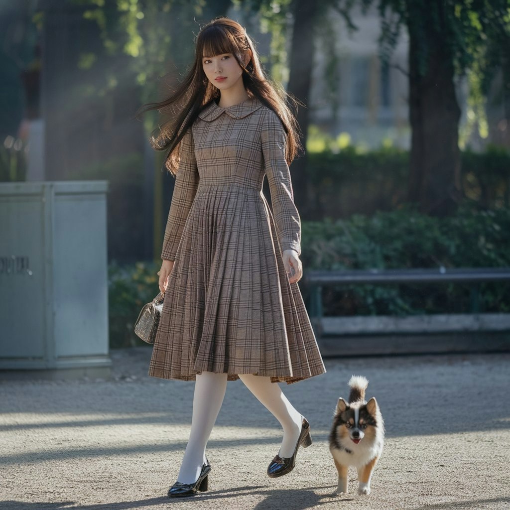 木漏れ日の公園で犬の散歩