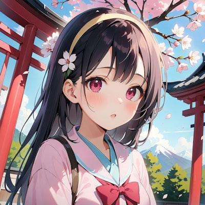 神社の桜とセーラー服の少女