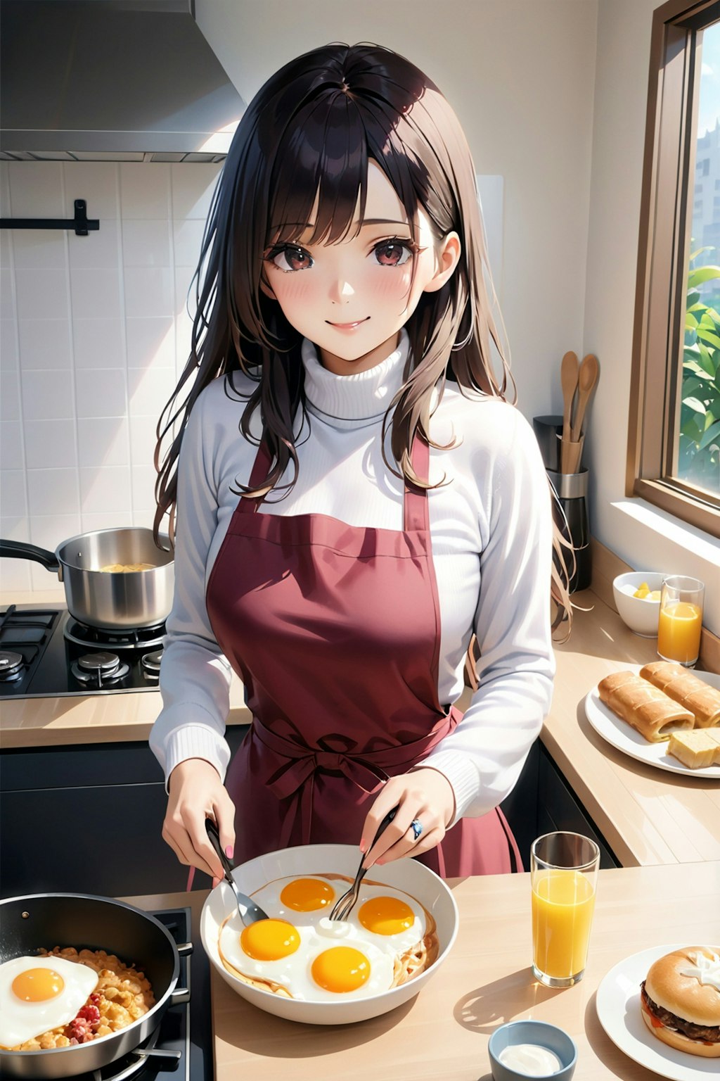 朝食を作る妻