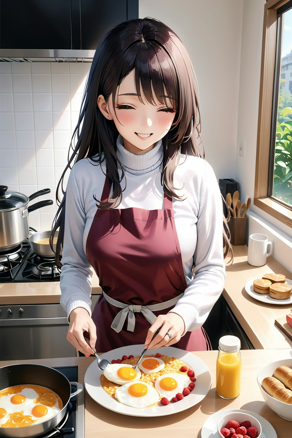 朝食を作る妻