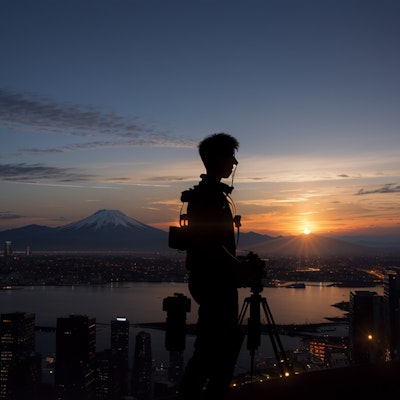 二子玉ビルの屋上から富士山のシルエットを撮影するためカメラをセット。都市の無機質な風景に胸が痛み、温かみや自然の生命力を感じる場所を再発見したいと思ったモバイルアイテムまみれのカメラマンのシルエット