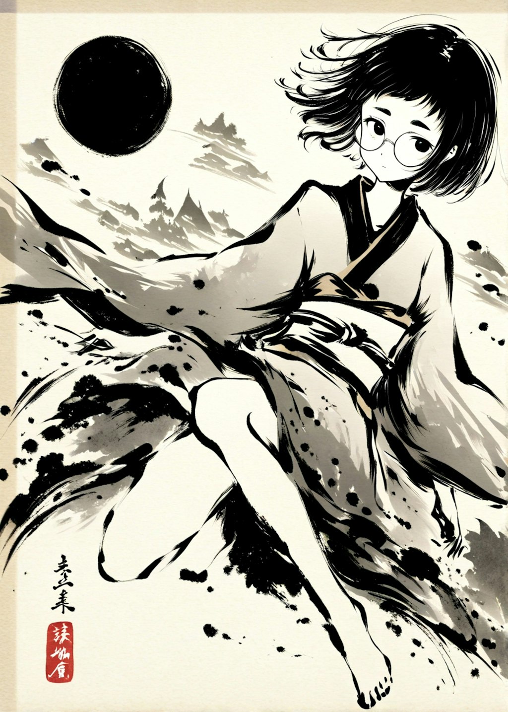 めがねちゃん水墨画風