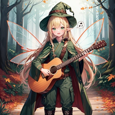 妖精の羽根とギターを弾きながら歌うエルフ魔女