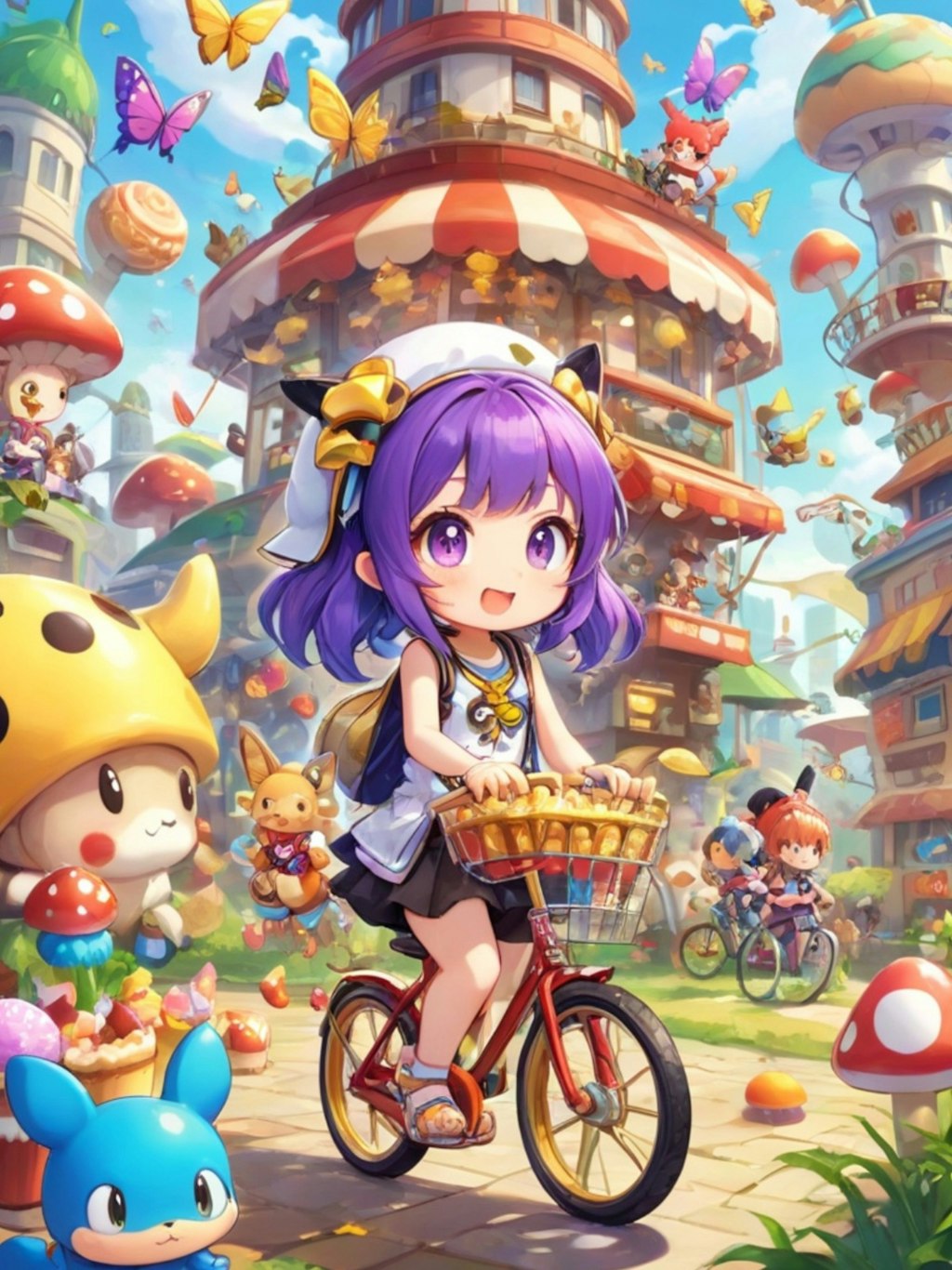 自転車に乗る紫髪ちゃん