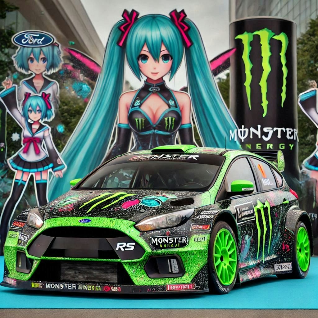 モンスターエナジーカラーフォードフォーカスラリーカーと初音ミク