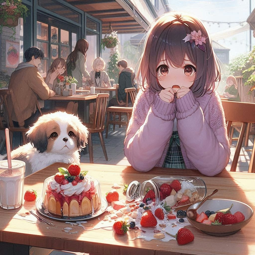 カフェでパフェを倒してしまった少女とお供の子犬