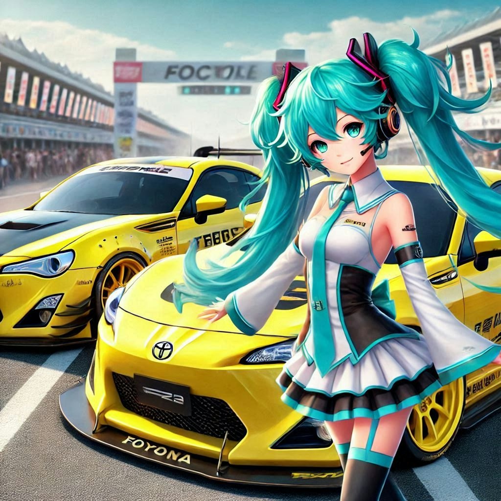 初音ミクキャラとイエローカラートヨタ86のドリ車