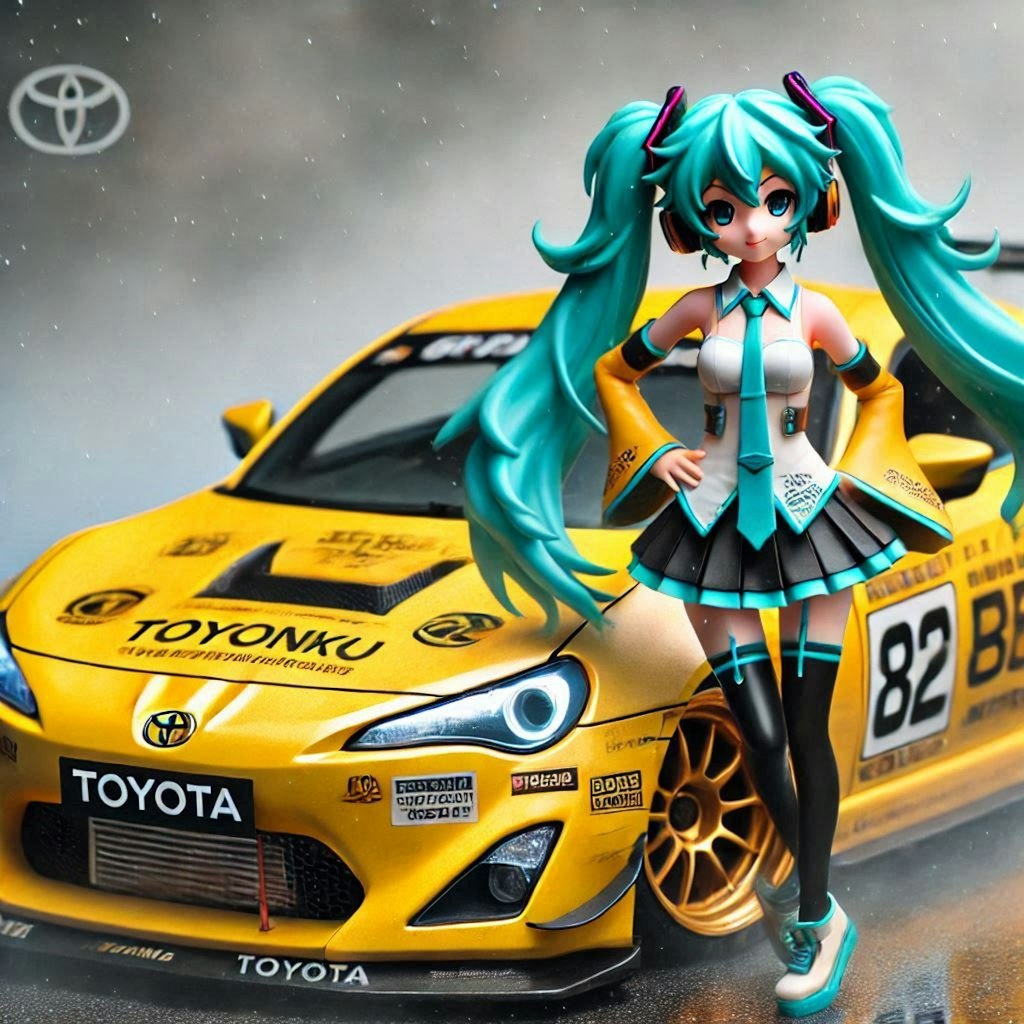 初音ミクキャラとイエローカラートヨタ86のドリ車