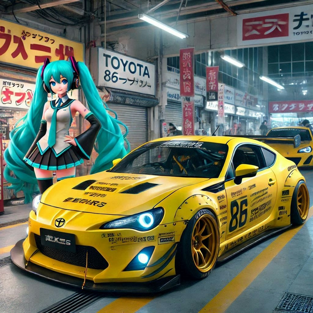 初音ミクキャラとイエローカラートヨタ86のドリ車