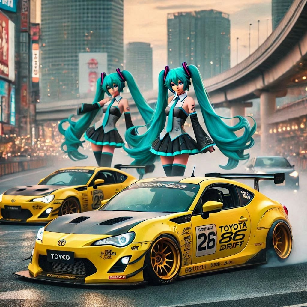 初音ミクキャラとイエローカラートヨタ86のドリ車