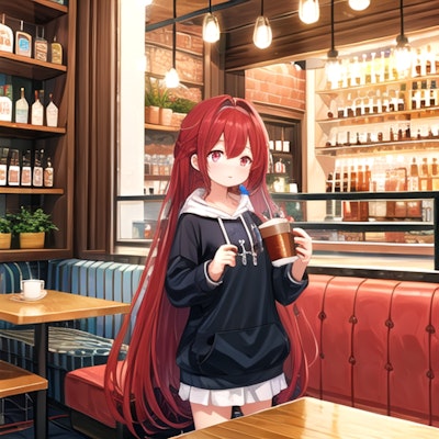 カフェと赤髪パーカー