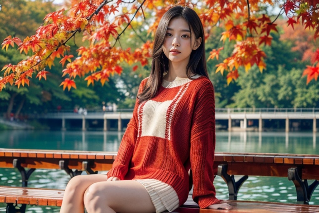 赤いセーターと湖
