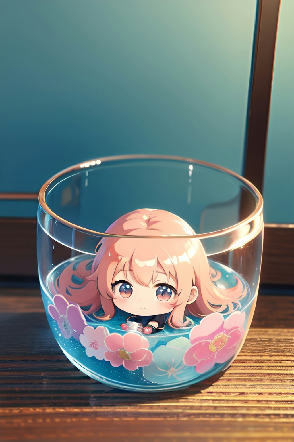 ガラスのコップの中のかわいい女の子