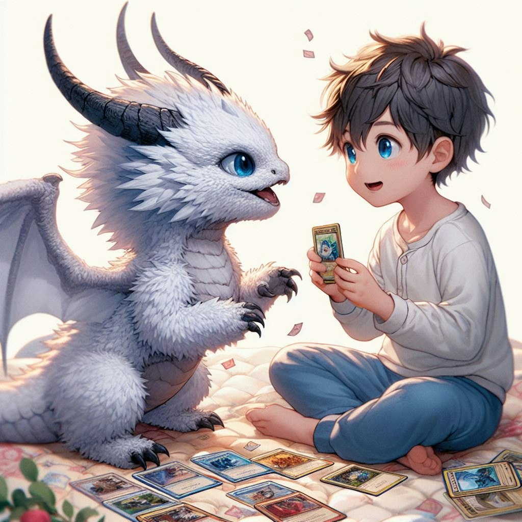 トレカで遊ぶ少年と白いドラゴン