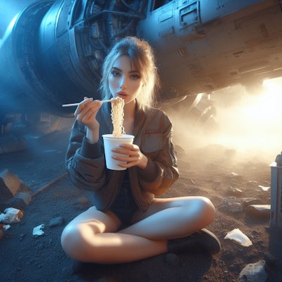 不時着した宇宙船のそばでカップラーメンを食べる女子