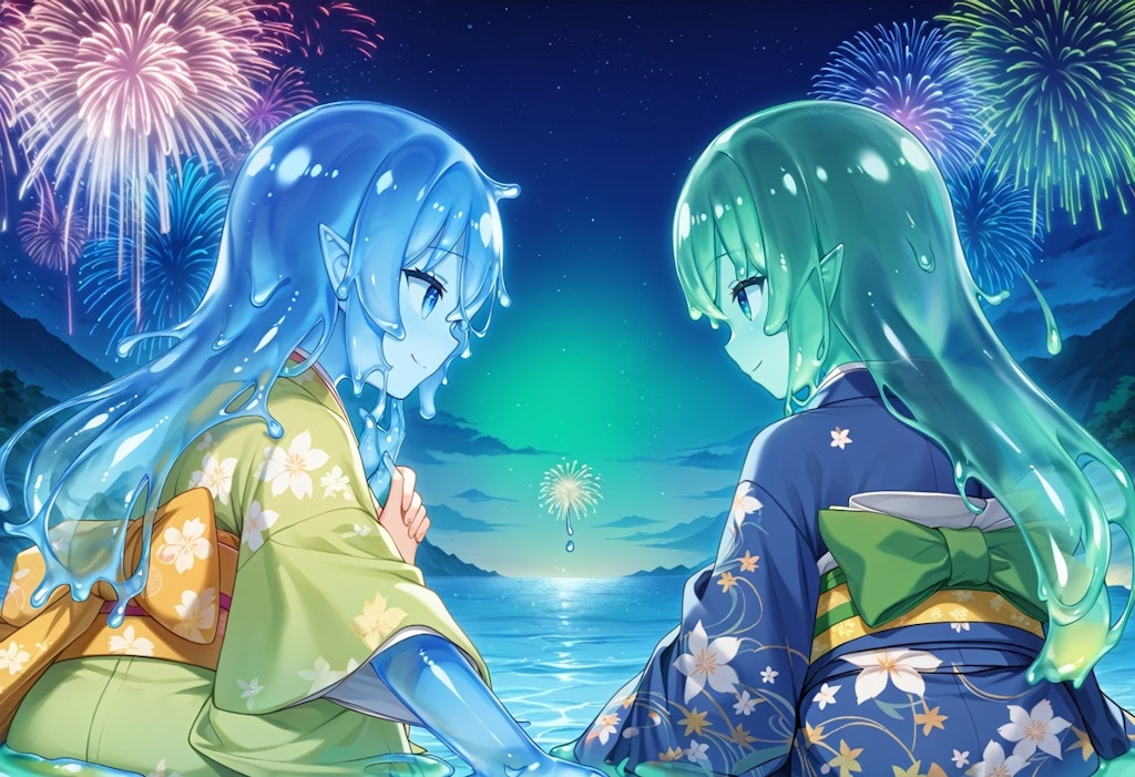 浴衣と花火とスライム姉妹