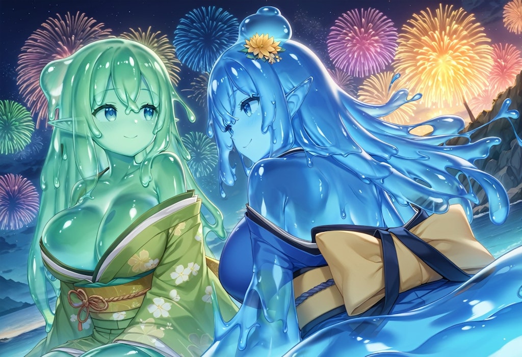 浴衣と花火とスライム姉妹