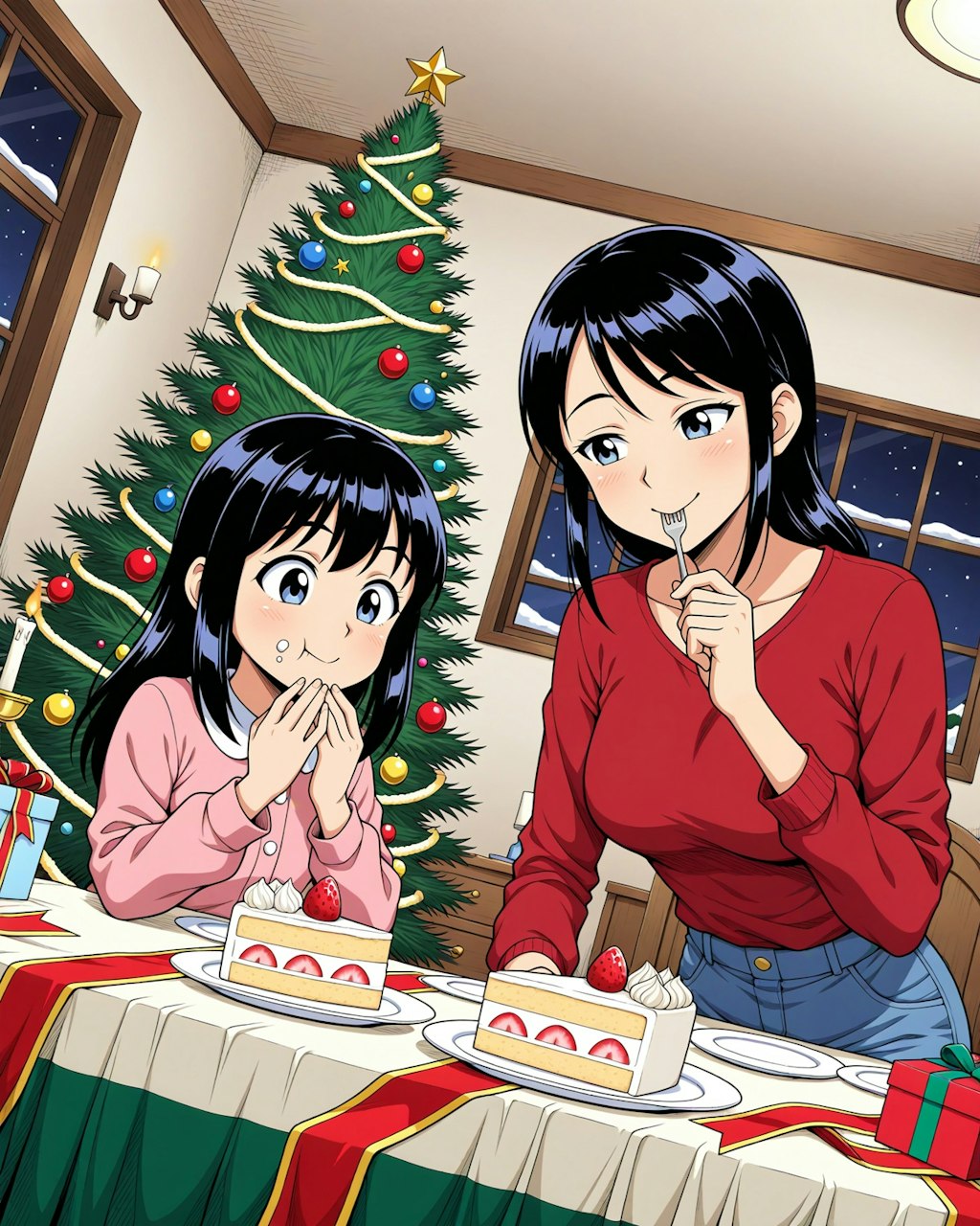 親子でケーキを食べるクリスマス