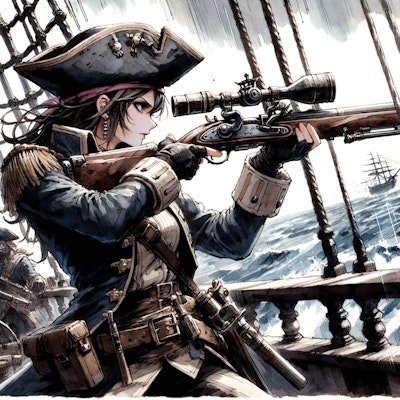 新開発の狙撃用スコープを装着したマスケット銃で敵船を狙う海賊船の船長