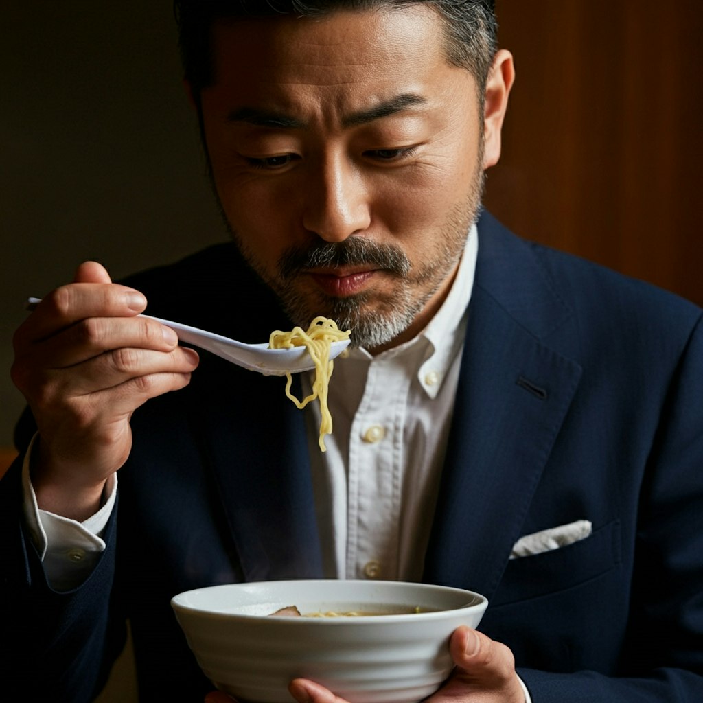 ラーメンを食べる男性