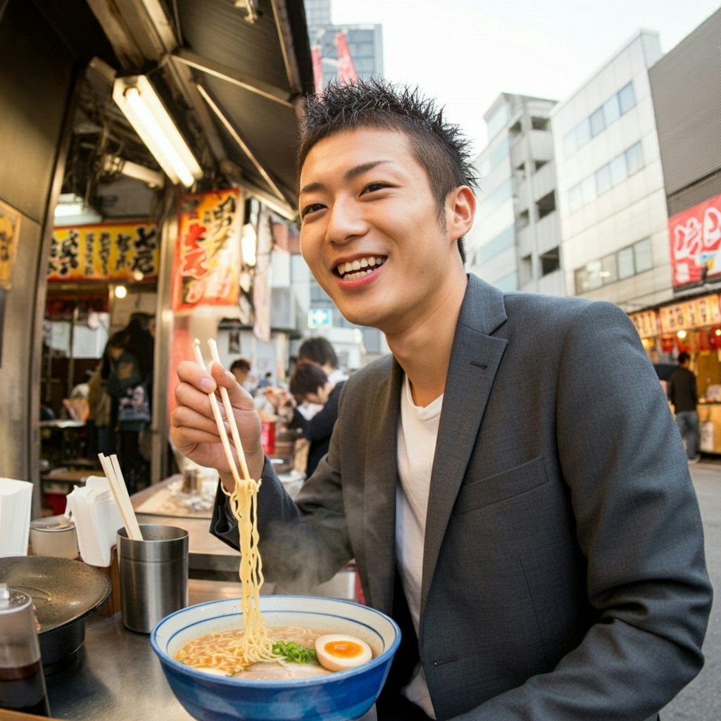 ラーメンを食べる男性