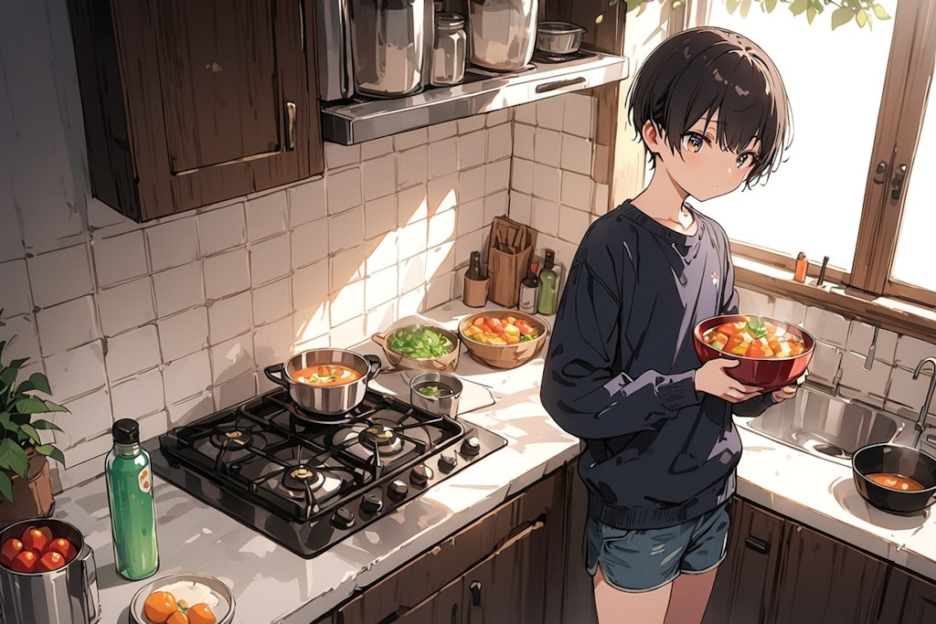 A boy preparing a meal in the kitchen