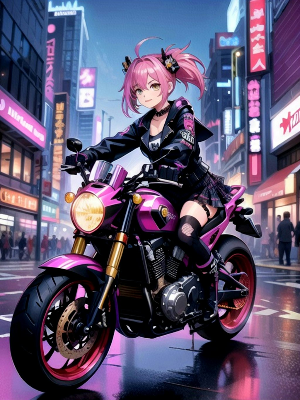 バイクに乗るピンク髪ちゃん