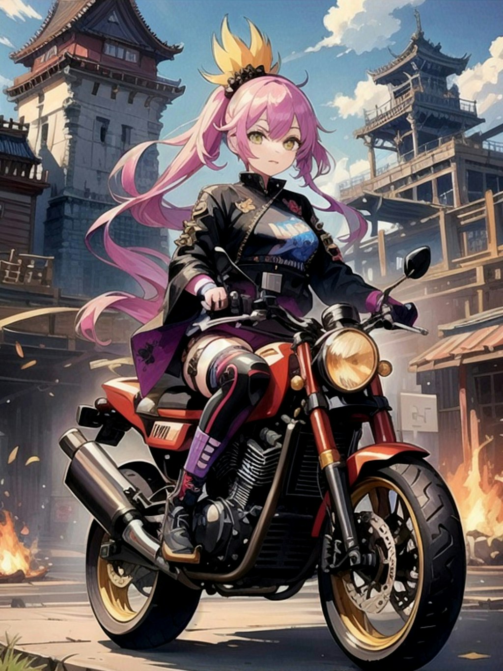 バイクに乗るピンク髪ちゃん