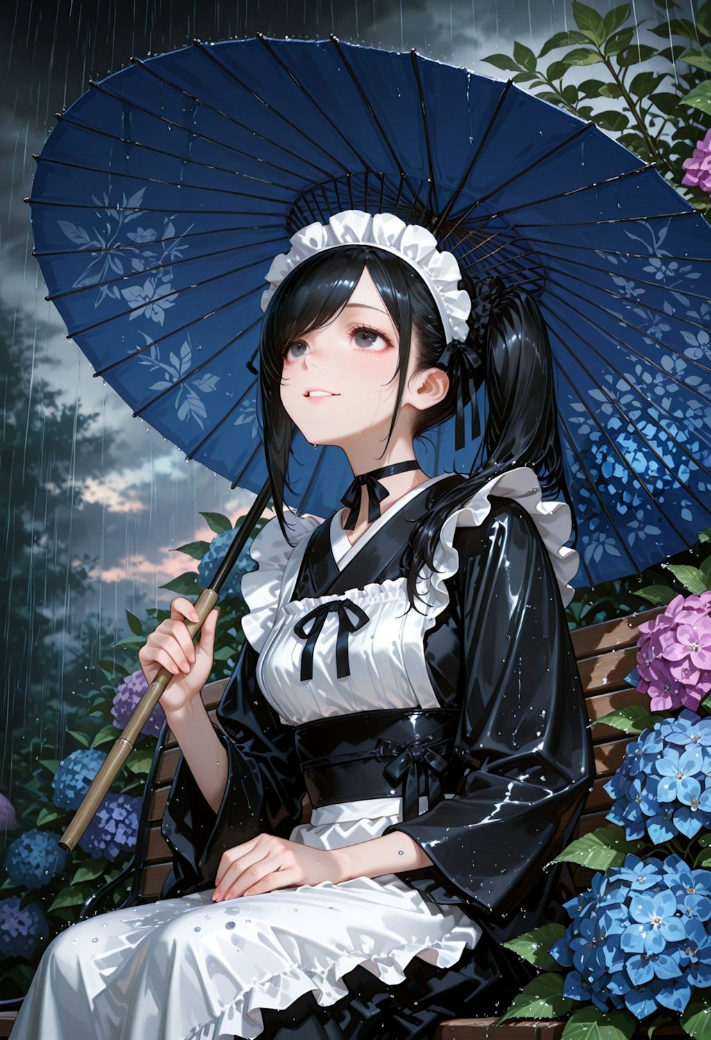 6月の雨を愉しむ和メイドさん