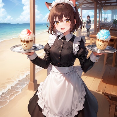 喫茶店の海の家支店でかき氷を運ぶ猫娘