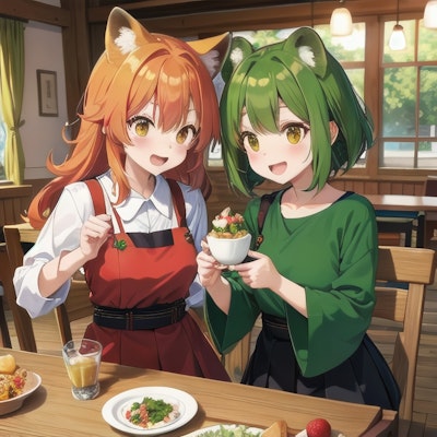 赤い狐ちゃんと緑の狸ちゃん