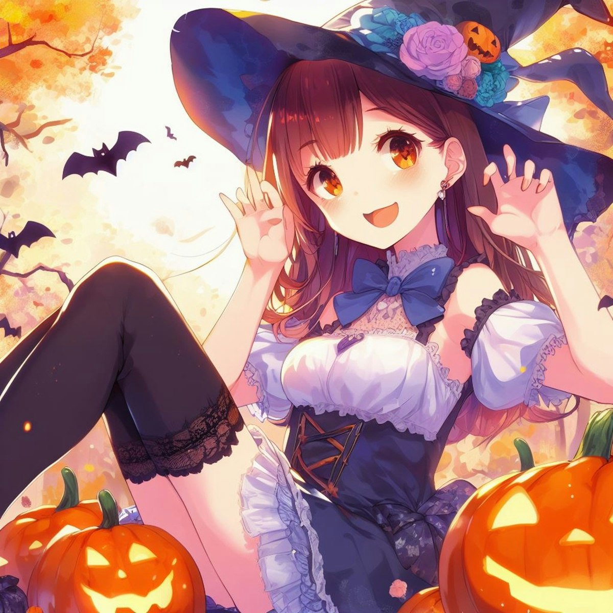 Halloween and anime-style illustration of a beautiful girl