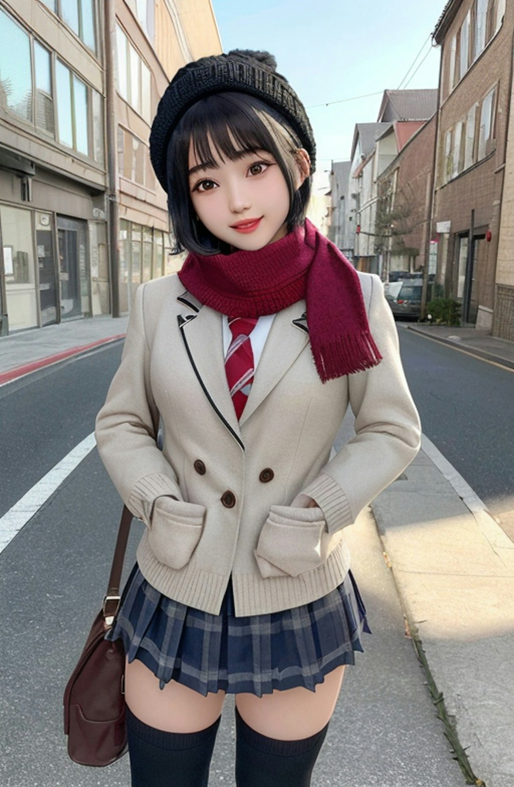 冬制服黒髪ショート女子校生　歩行