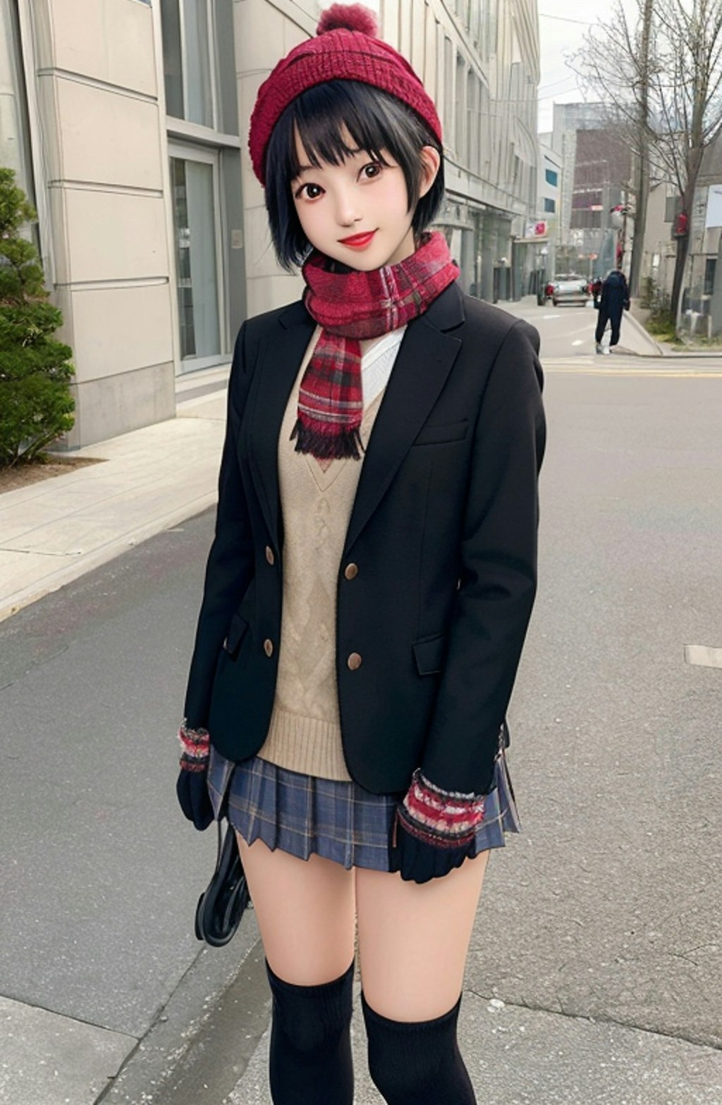 冬制服黒髪ショート女子校生　歩行